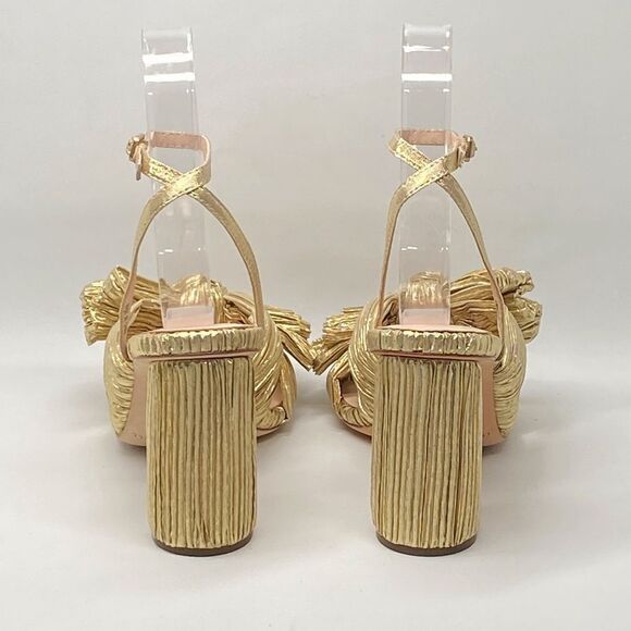 Loeffler Randall Camellia Gold Pleated Bow Heel Sandals size 6.5 - Picture 7 of 13
